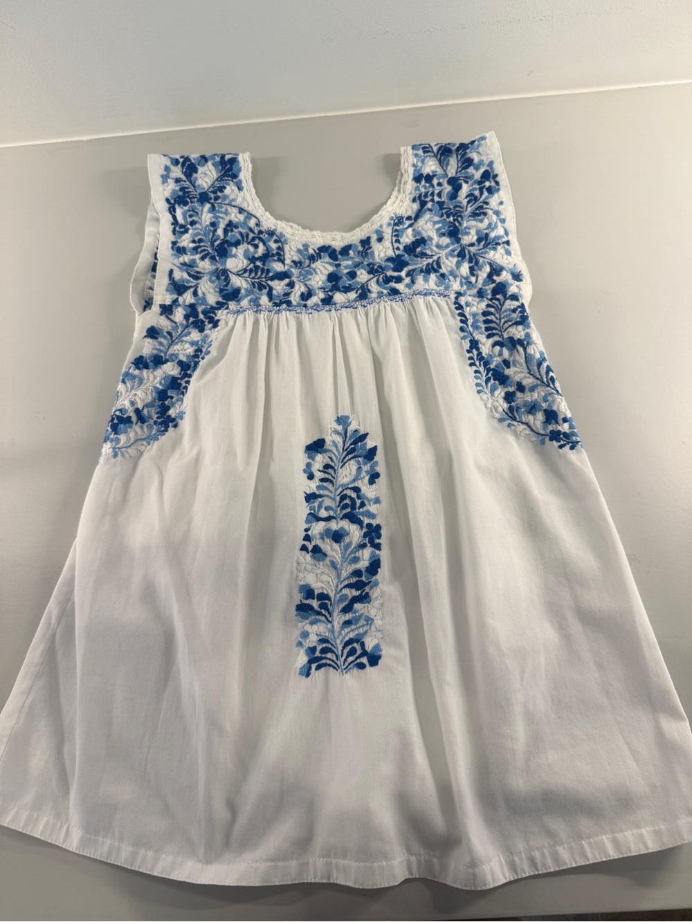 Mi Golondrina White Tunic with Blue Floral Embroidery